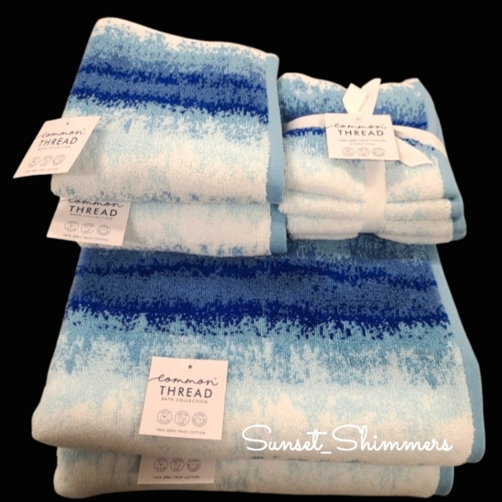 8pc Common Thread Bath Hand Washcloth Towel Set Blue Ombre Zero Twist Cotton New - Picture 7 of 7